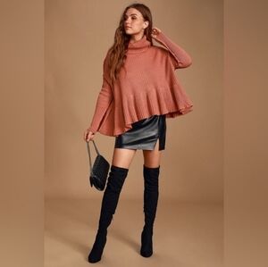 Free People Layer Cake Sweater Chunky Rib Peplum Cowl/Turtleneck Rose Size S